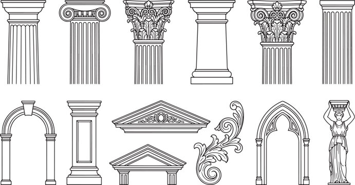 Classical architectural elements set featuring ornate columns arches pediments and decorative carvings in black line art style
