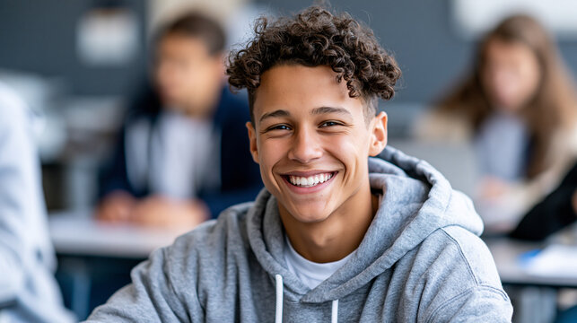 Happy high school student smiling in classroom during lesson showing positive attitude toward learning, student engagement concept, school photography, blurred classroom