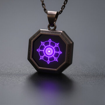 glowing mystical necklace with intricate symbol on dark surface creating mysterious futuristic vibe