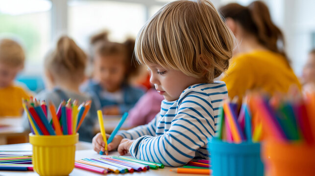 Faceless preschool teacher with children at kindergarten during supervised early learning activity, early childhood education concept, kindergarten photography, blurred classroom