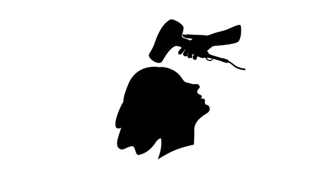 Woman drying her hair in salon, black isolated vector silhouette.
