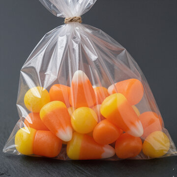 bag of colorful candy corn treats for halloween decoration and celebration on a dark surface