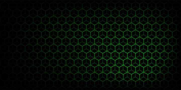 Abstract green geometric hexagon line pattern on black background. Isometric cube wireframe vector design.