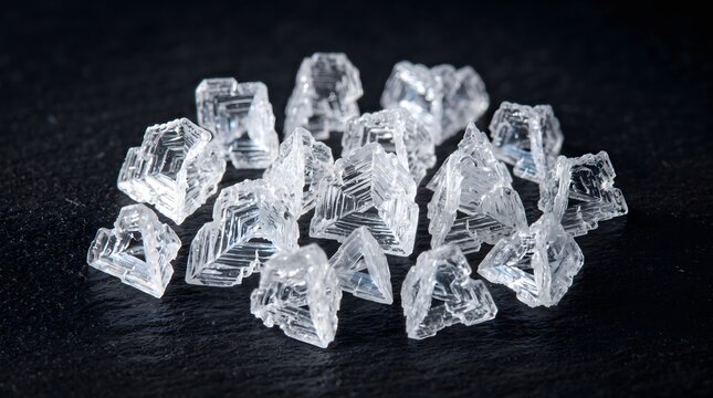 Macro fleur de sel sea salt crystals showing hollow pyramid forms with translucent thin walls and edge specular highlights on dark matte surface, sensory food texture salt crystal structure macro 