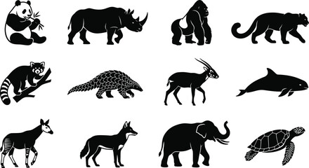 Obraz premium Endangered species silhouette vector set, giant panda, black rhino, elephant, gorilla 