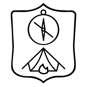 camping accesory a wildlife badge hand drawn black and white outline. Mindful summer hiking camping concept.