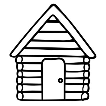 camping accesory a wooden cabin hand drawn black and white outline. Mindful summer hiking camping concept.
