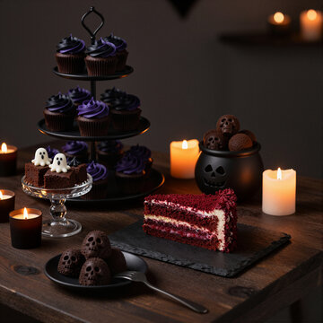 halloween dessert scene with cupcakes, cake, and candles on wooden table creating spooky festive mood