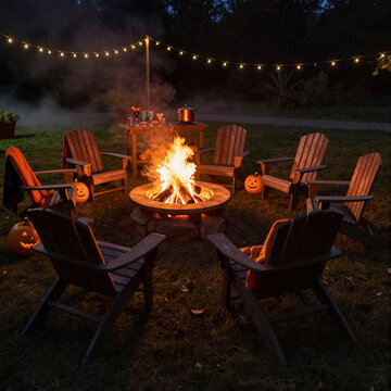 cozy halloween night with campfire and pumpkin carvings in outdoor backyard setting