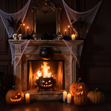 spooky halloween fireplace scene with pumpkins and cobwebs creating eerie ambiance at night