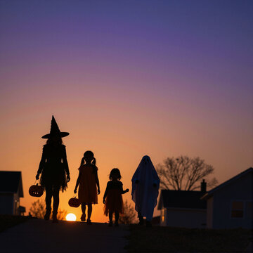 children in halloween costumes trick-or-treating at sunset in suburban neighborhood festive scene