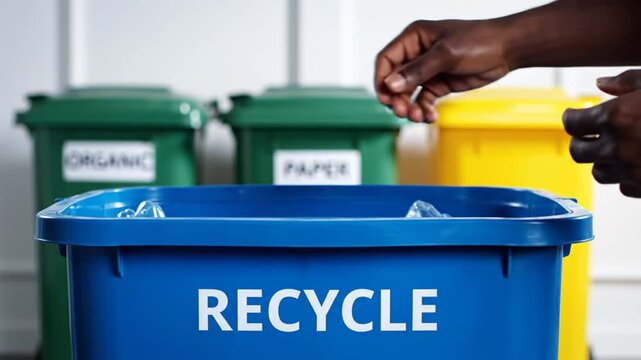 Hand placing plastic bottle into blue recycle bin