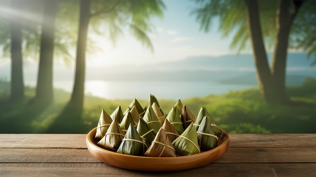Wooden plate with traditional leaf wrapped rice dumplings arranged outdoors with scenic trees sunlight and lake background view