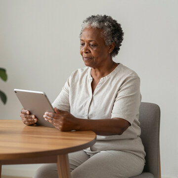 elderly woman using tablet indoors, concept of technology for seniors, peaceful and focused atmosphere