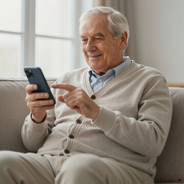 elderly man in sweater enjoying relaxed moment using smartphone at home in soft natural light