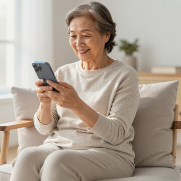 elderly asian woman sitting on couch smiling while using smartphone in bright cozy living room