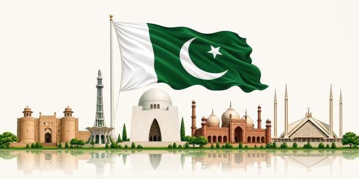 Pakistan waving flag with iconic pakistan monuments for independence day celebration.
