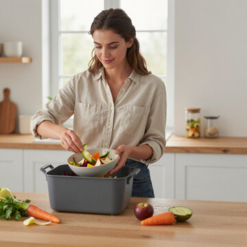 young woman preparing healthy salad with fresh vegetables in modern kitchen, concept of healthy eating