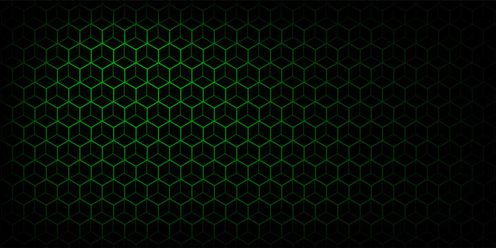 Abstract green geometric hexagon line pattern on black background. Isometric cube wireframe vector design.