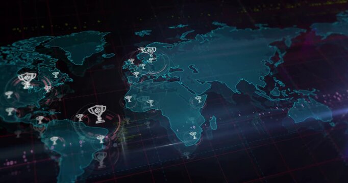 Trophy gaming esports competition award symbols over world map. Seamless looped technology concept.