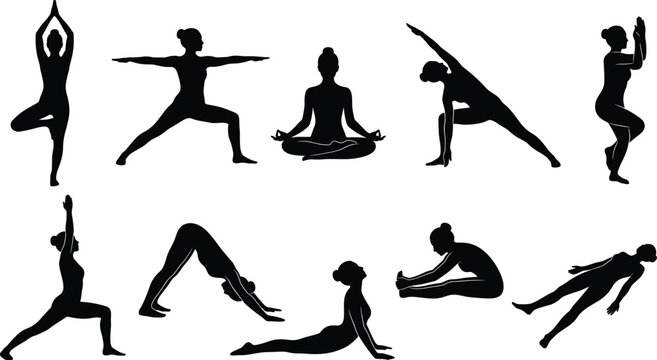 Yoga class poses set showing black silhouettes of women performing exercise movements meditation and stretching.