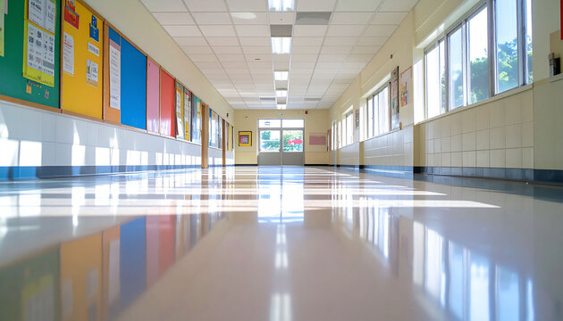 学校の校舎の廊下　窓から光が差し込む明るい教室前の通路　掲示板が並ぶ無人の教育施設と清潔感のある床の反射　教育や新学期をイメージさせるWebサイトやプレゼン資料用の背景素材