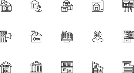 Real Estate Search & Location icon set representing property location services featuring house map pins farm barns architectural blueprints and online property searches outline © Mr. Akash