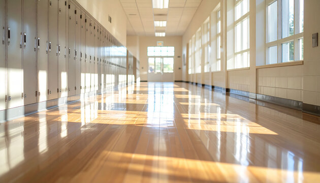 学校の廊下とロッカーが並ぶ明るい校舎内　窓から差し込む自然光と反射が美しい教育施設や学生生活をイメージさせる室内背景素材　チラシやWebバナーのコピースペースとして活用できる空の空間がある教育現場の風景