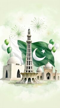Watercolor illustration of a pakistan independence day celebration poster.