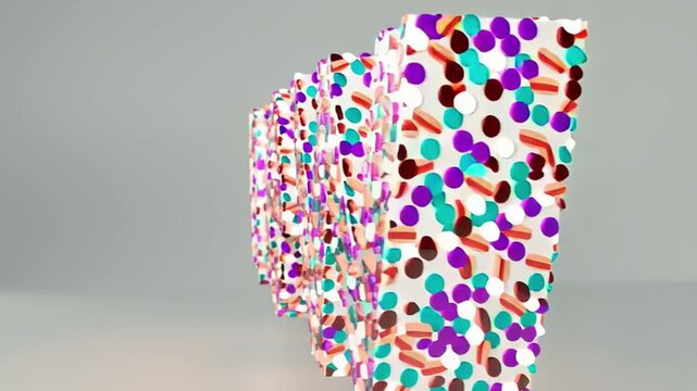 The scene displays the word new in a three-dimensional format. The letters feature a vibrant texture made of various colors and patterns, creating a dynamic look.