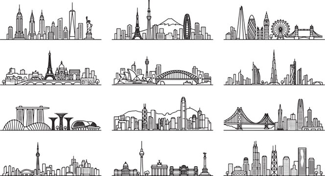 Set of global city skylines featuring famous urban landmarks in a minimalist black and white line art style