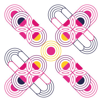 Abstract geometric floral X pattern with concentric lines in fuchsia, yellow, and navy, referenced