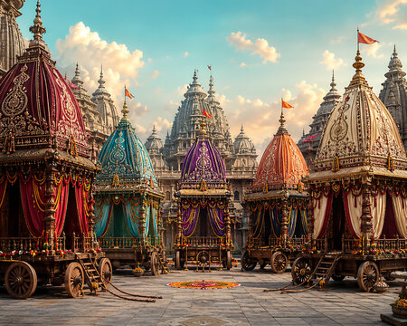 Intricately designed ceremonial chariots displayed around majestic temples for jagannath rath yatra festivities highlighting spiritual heritage and colorful rath yatra customs illustration composition