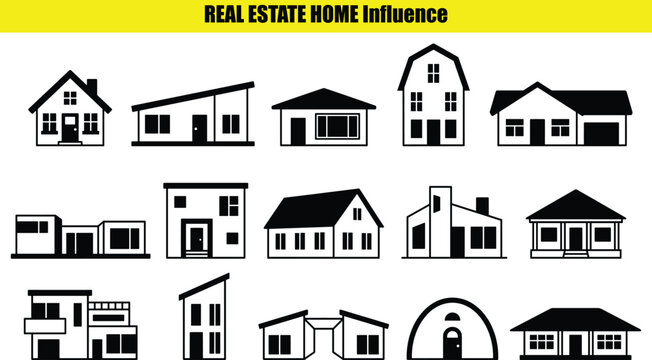 Variety of house shapes and building forms in a two tone style arranged on a light colored surface shape form dwelling home