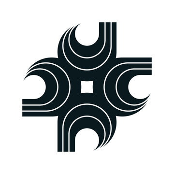 Black nested wavy lines design forming a circular cross geometric logo