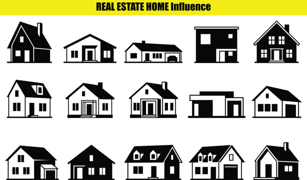 Assorted house shapes are presented as two tone pictograms showcasing various architectural styles and rooflines shape home form dwelling outline residential structure