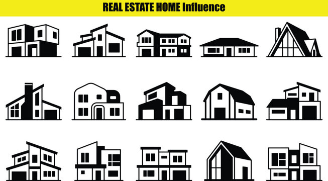 Collection of house building shapes with varied rooflines and architectural styles on a light colored surface shape form residential structure home outline