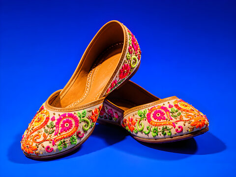 Traditional indian jutti shoes decorated with intricate colorful floral embroidery patterns displayed elegantly against a vibrant solid blue studio background