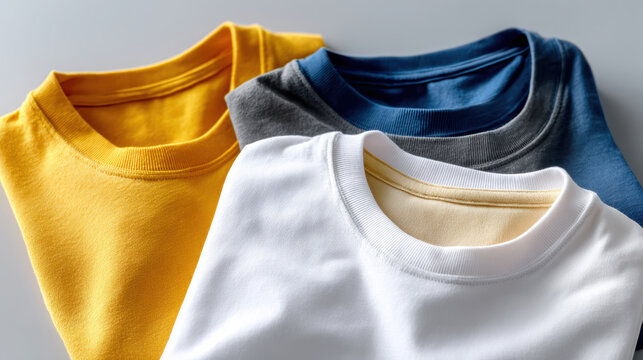 Folded t shirt mockup set in yellow, white, gray and blue neatly arranged for apparel product presentation, e commerce listing, brand sample display and print design mockup