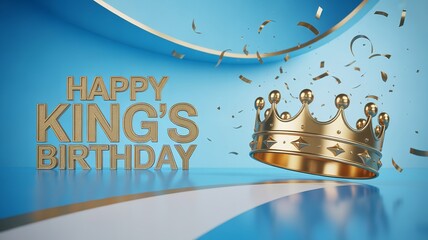 Golden crown with festive confetti on blue background celebrating royal birthday event with elegant regal design concept