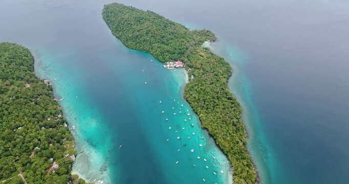 Aerial view of tropical islands with beaches and lagoons. Rubiah Island and Weh Island. Aceh, Indonesia.