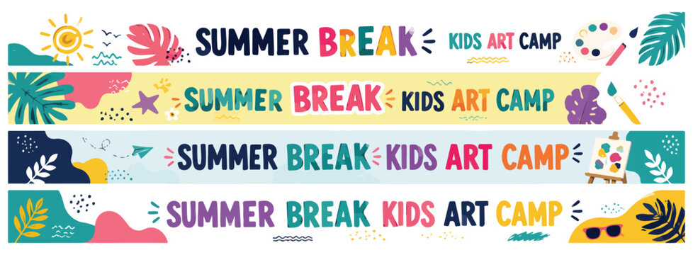 Summer Break Kids Art Camp horizontal banner set, colorful creative workshop web headers, tropical vacation school holiday event vector templates