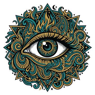 Mystical third eye illustration with gold and teal mandala patterns