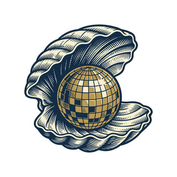 Illustrated disco ball pearl inside an open scallop shell
