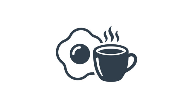 A minimalist icon featuring a fried egg and a steaming cup of coffee.