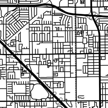 Symbol Map of the City Westminster (California, USA) showing the city center with a simple road network of black lines