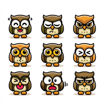 Icons display owls in eight unique expressions like happy, angry, and wise on a clean background for easy recognition and use