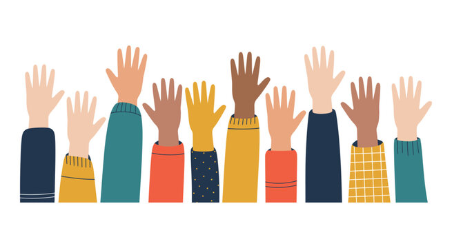 Multicultural hands raised in the air, diverse group illustration, volunteering participation and teamwork concept, flat vector design