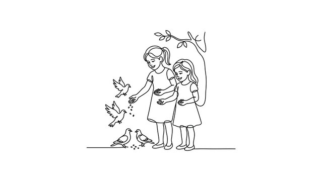 Two girls feeding birds outdoors happily.