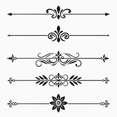Group of classic decorative separators and ornamental flourishes for design, refined fleur de lis and leaf motifs, intricate swirling borders for formal text, isolated on white canvas backdrop. © felesa11